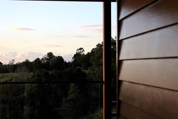A view from a balcony with a wooden railing, overlooking a forested area and a clear sky.