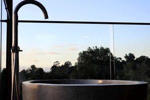 A bathroom with a large sink, a faucet, and a view of trees and sky.