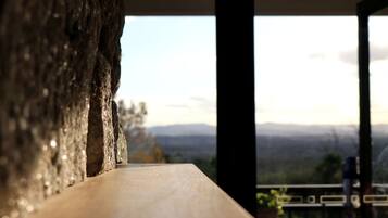 Een houten plank met uitzicht op een bergachtig landschap.