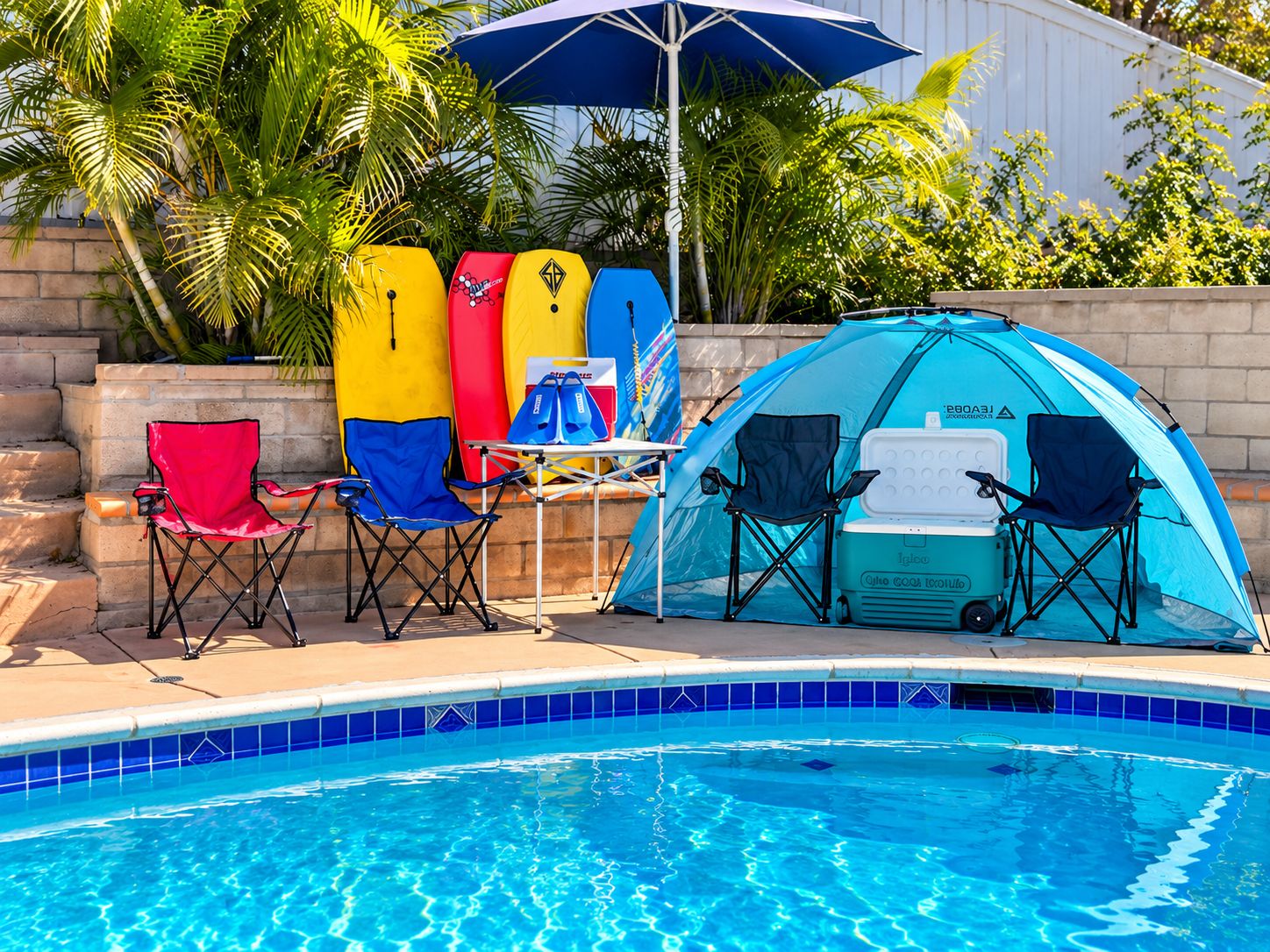 A poolside area with a tent, two chairs, a cooler, and surfboards.
