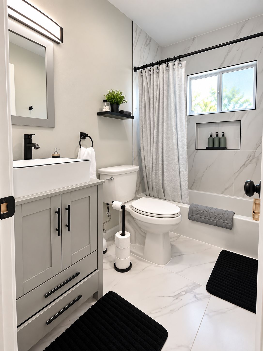 A modern bathroom with a toilet, sink, mirror, and shower area.