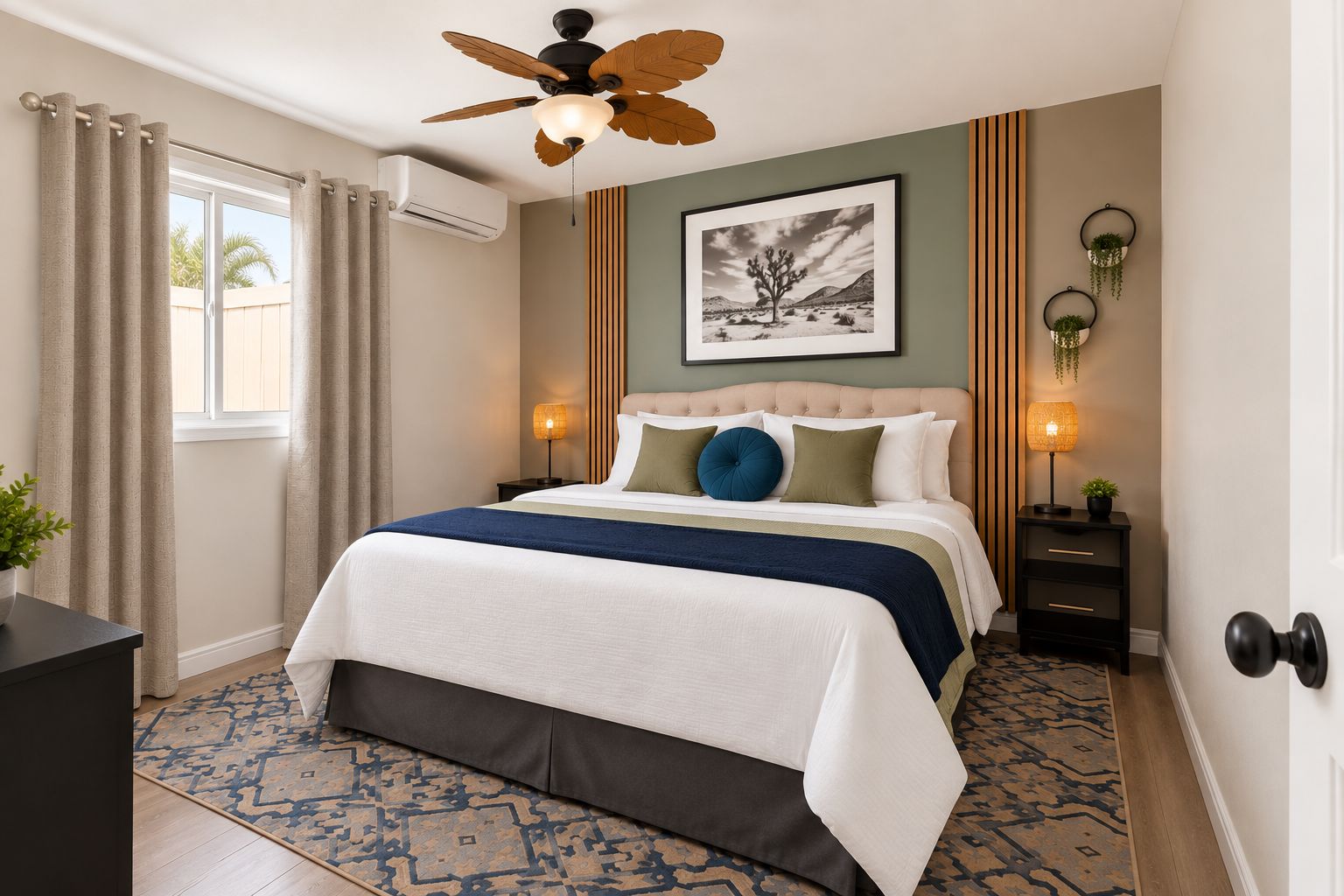 Ein Hotelzimmer mit Bett, Deckenventilator, Klimaanlage, gerahmtem Bild an der Wand, Nachttischlampen und einem kleinen Tisch mit Pflanze.