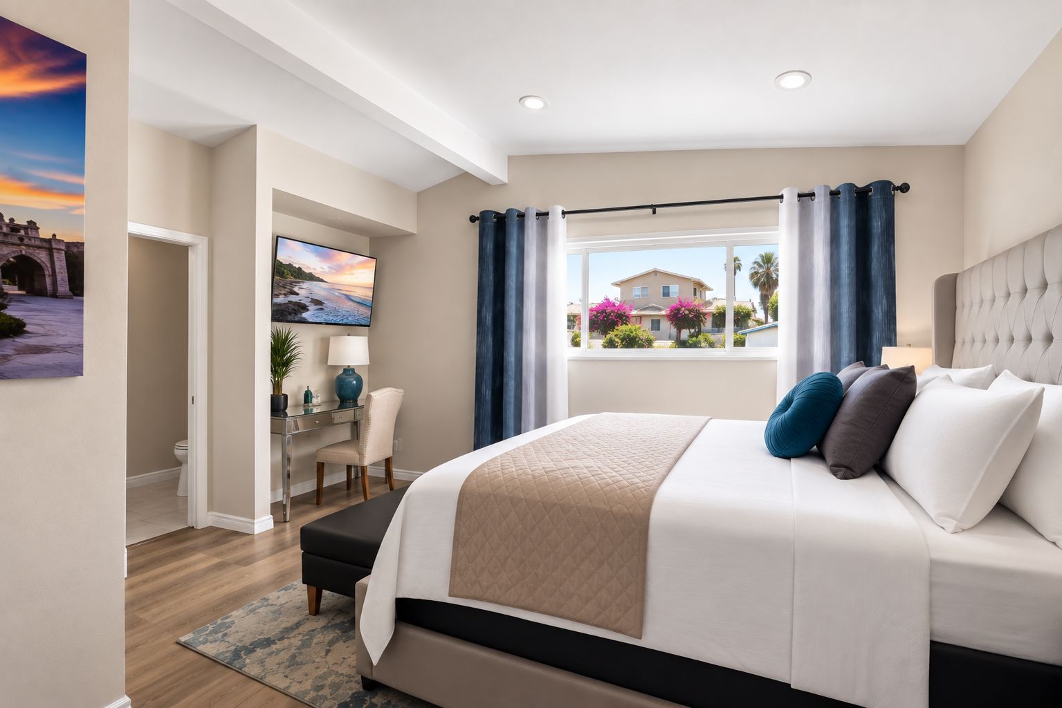 A modern bedroom with a bed, a desk, and a view of a house through a window.