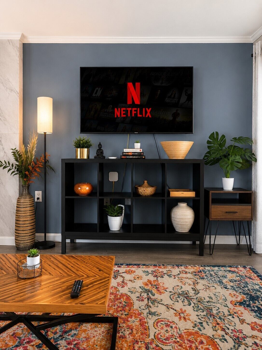 A living room with a flat-screen TV mounted on the wall, a black entertainment unit below, a wooden coffee table, and a patterned rug.