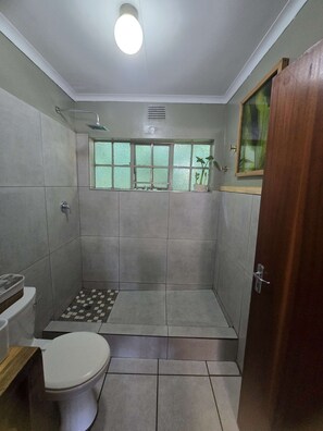 Ein Badezimmer mit Dusche, Toilette und einem kleinen Fenster mit Ausblick.
