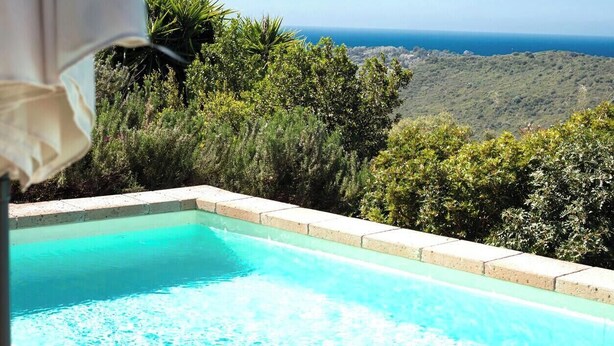 Ein Schwimmbecken mit Blick auf den Ozean und die umliegende Vegetation.