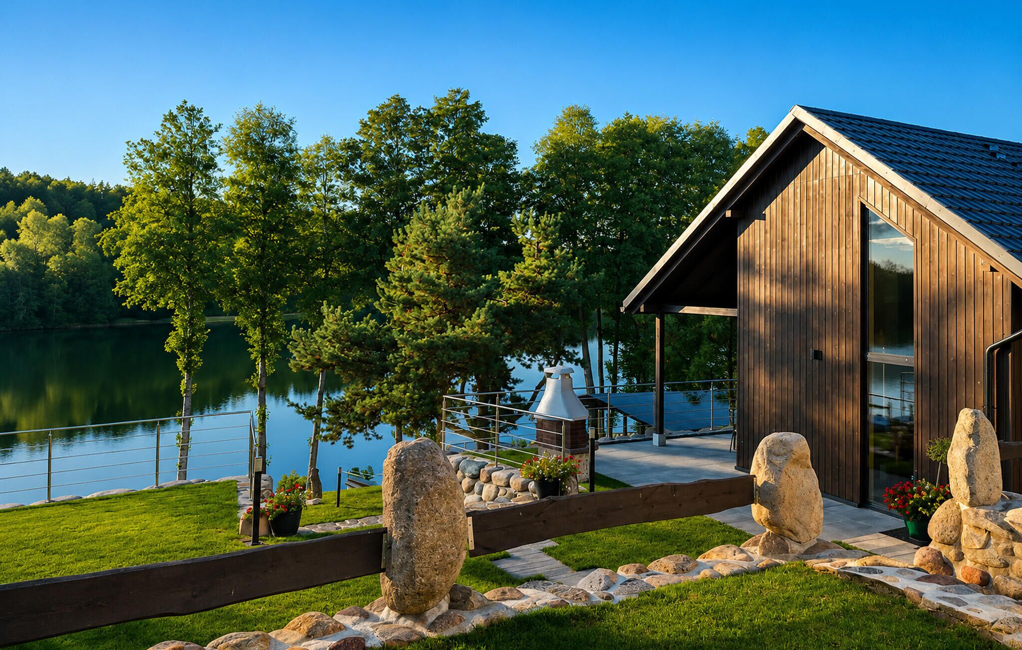 A cabin with a wooden exterior, a dock, and a stone fence.