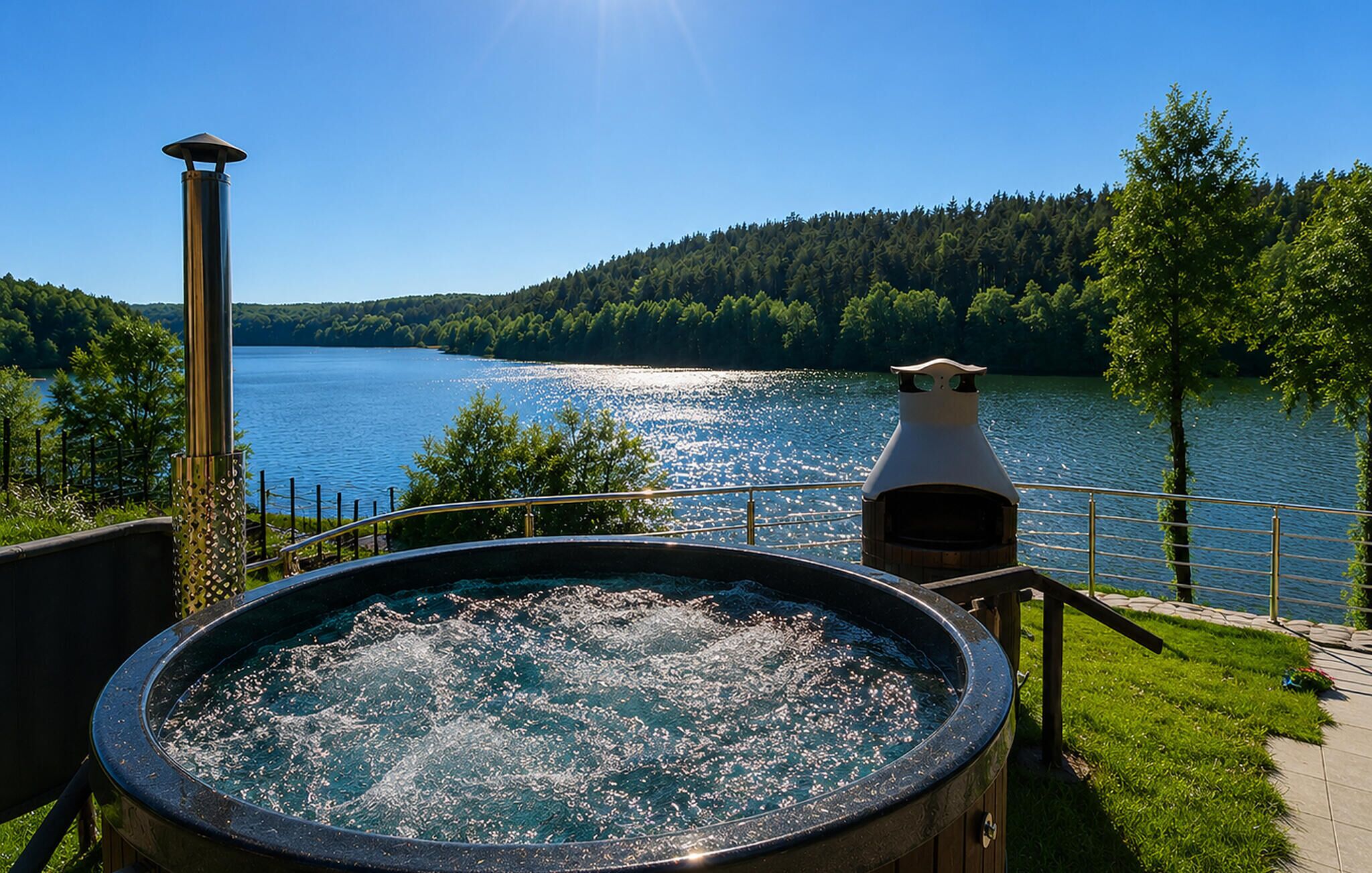 Ein Whirlpool und eine Sauna mit Blick auf einen See, mit bewaldeter Landschaft im Hintergrund.