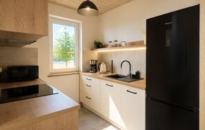 Una cocina moderna con un refrigerador negro, un microondas, una cafetera y un lavabo.