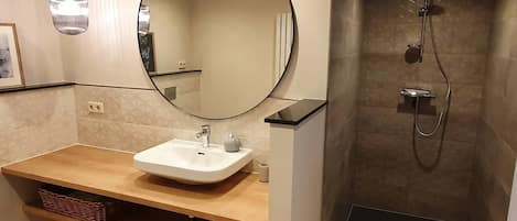 Hair dryer, towels, soap