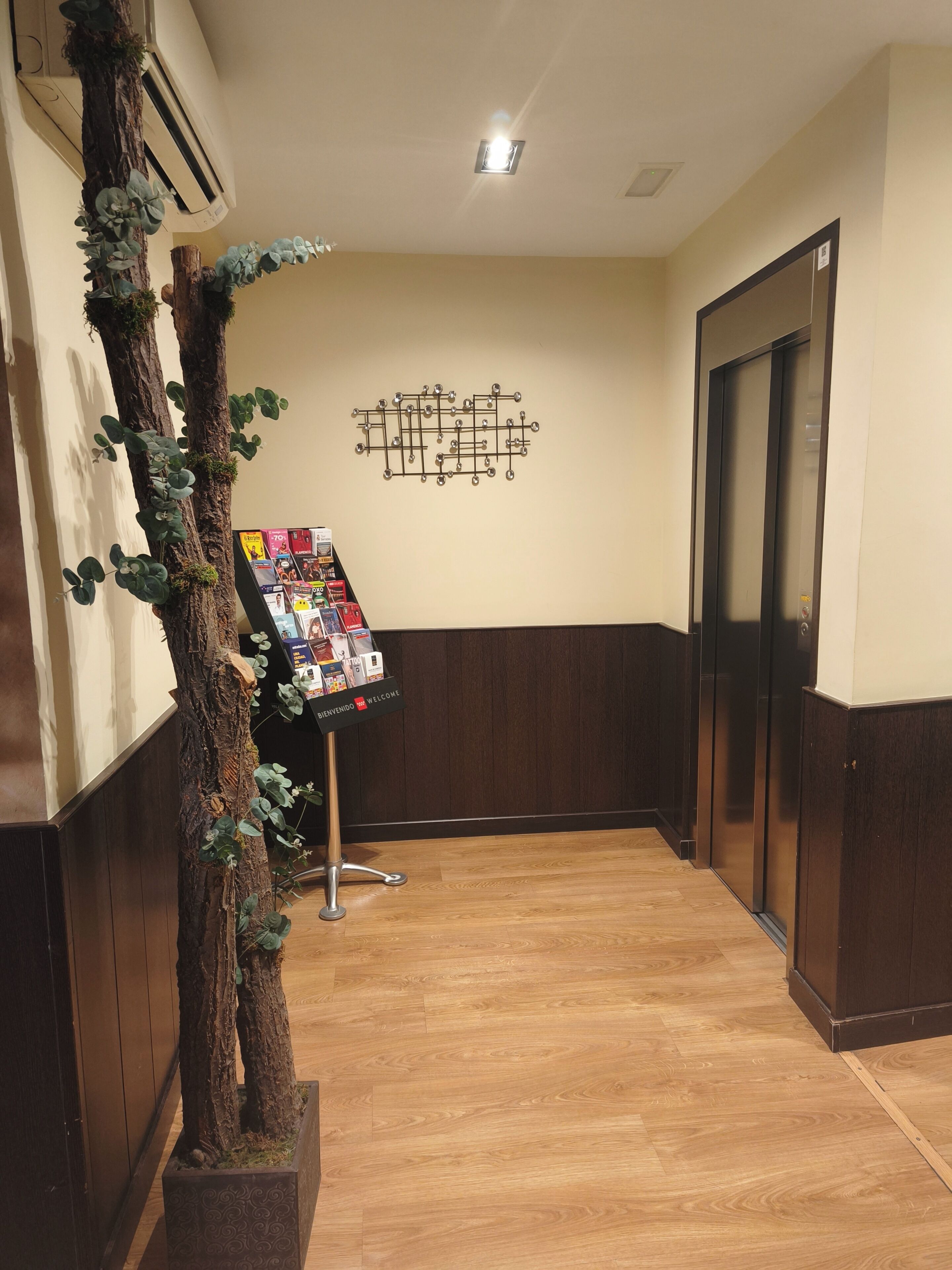 Zona de recepción con suelo de madera, un mostrador de bienvenida, un ascensor y una lámpara fijada a la pared.