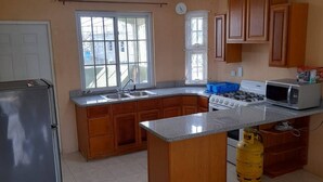 A kitchen with a refrigerator, stove, microwave, and a gas cylinder. - TJ Guest House - Jamaica (Spanish Town)