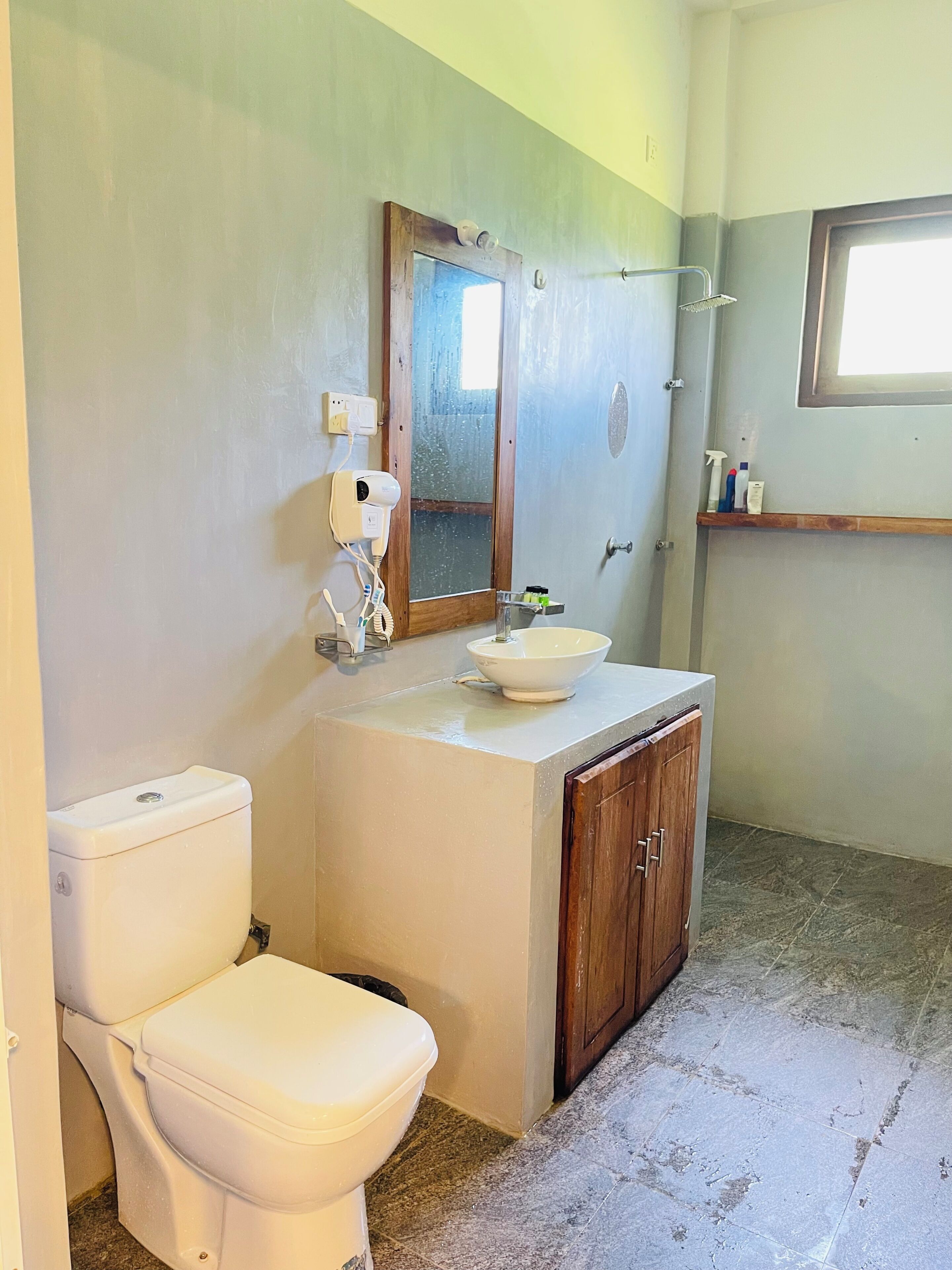 Hair dryer, towels, soap, toilet paper