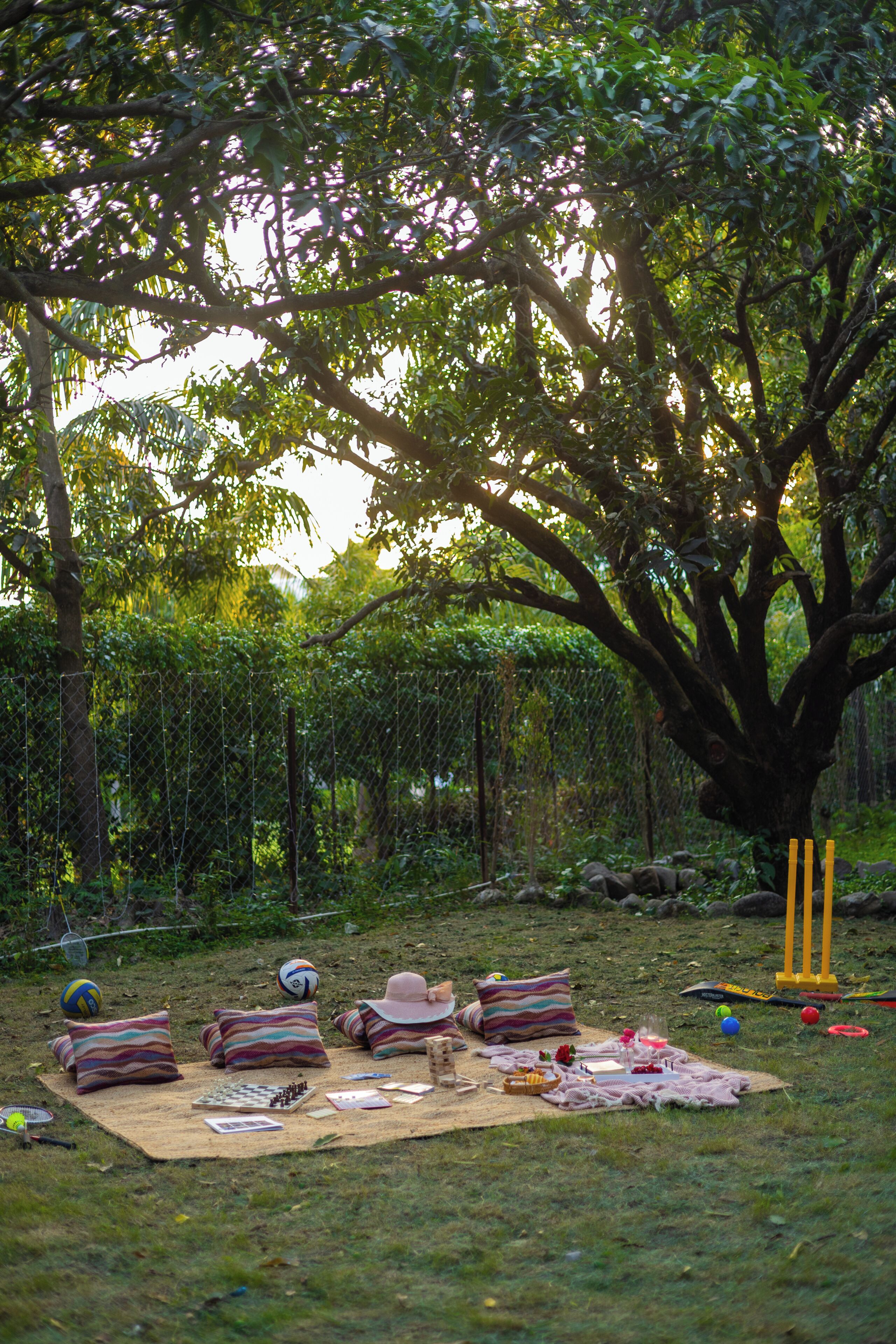 A picnic setup under a tree with a blanket, pillows, and various items on the grass.
