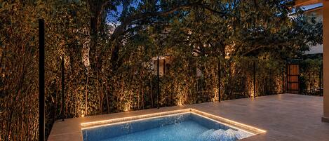 A swimming pool with a tiled deck, surrounded by dense foliage and a pergola structure.