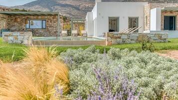 Ein modernes Gebäude mit Natursteinfassade, einem Pool und einem Garten mit verschiedenen Pflanzen.