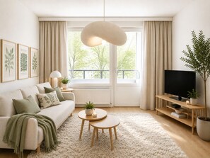 A modern living room with a sofa, coffee table, TV, and potted plants. - Stylish 1BR Apt with Sauna & Balcony (Tampere)