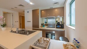 Una cucina moderna con lavello in acciaio inox, forno a microonde e forno integrato.
