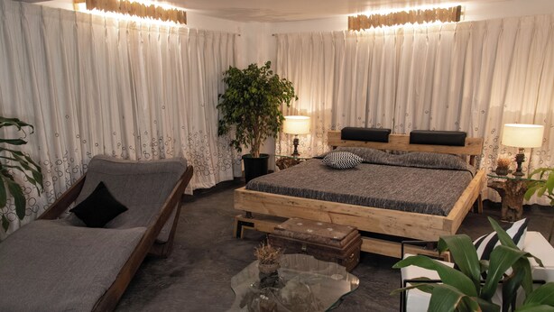 A bedroom with a bed, a chaise lounge, a glass coffee table, and a potted plant.