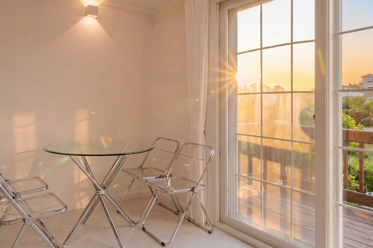 Un balcón con una mesa y sillas de vidrio, vista panorámica de la ciudad y un atardecer.