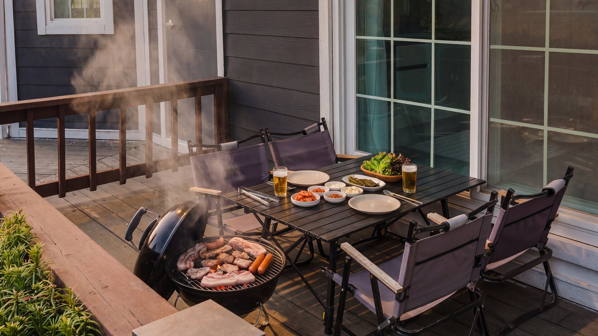 An outdoor patio with a grill, dining table, chairs, and a view of a house.
