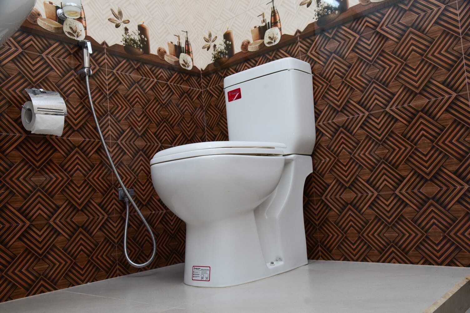 Toilet med brusearm, toiletpapirholder og tapet.