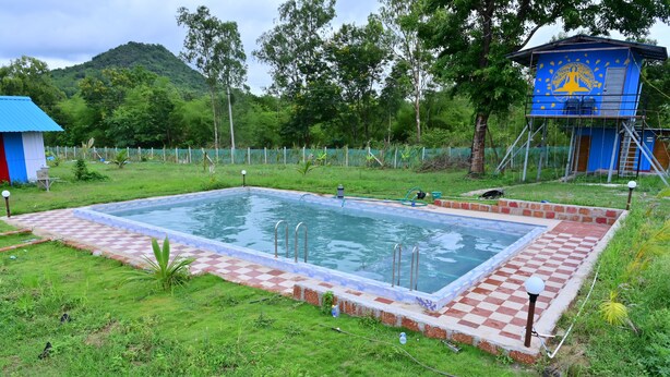 Uma piscina retangular com borda xadrez, rodeada por grama e árvores.