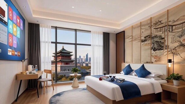 Camera d'albergo moderna con un letto grande, una scrivania, una sedia, un tappeto rotondo e vista sulla città attraverso ampie finestre.