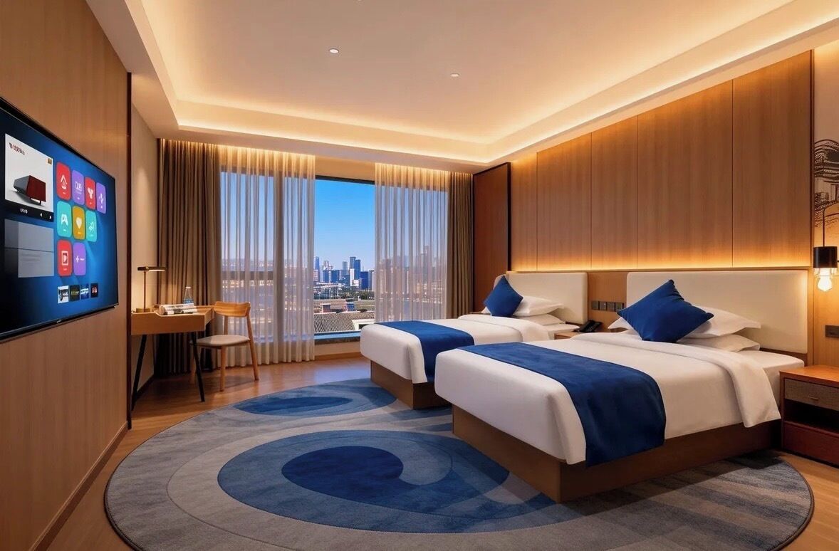Ein Hotelzimmer mit zwei Betten, einem Fernseher, einem Schreibtisch und Blick auf die Stadt.