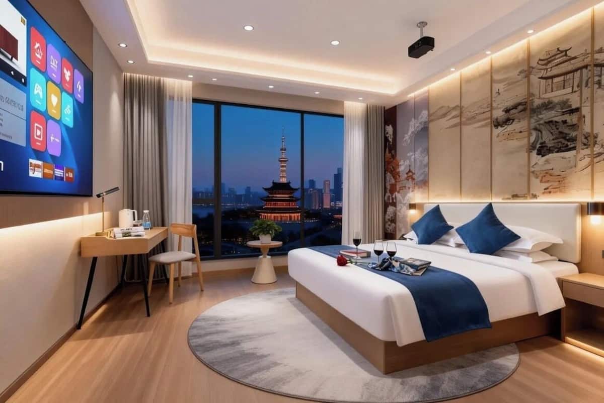 Habitación de hotel moderna con una cama grande, un escritorio, una silla, un televisor y vistas a un paisaje urbano nocturno.