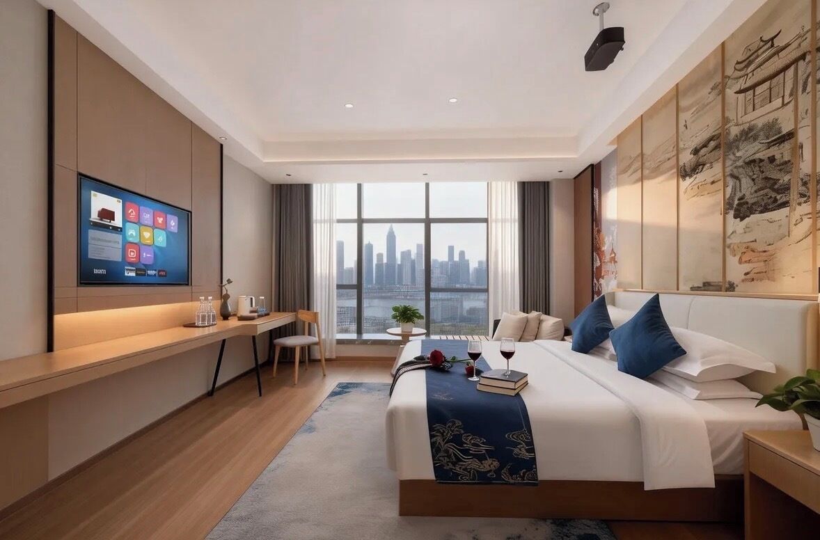 Una habitación de hotel moderna con una cama grande, un escritorio, un televisor y vistas a la ciudad.