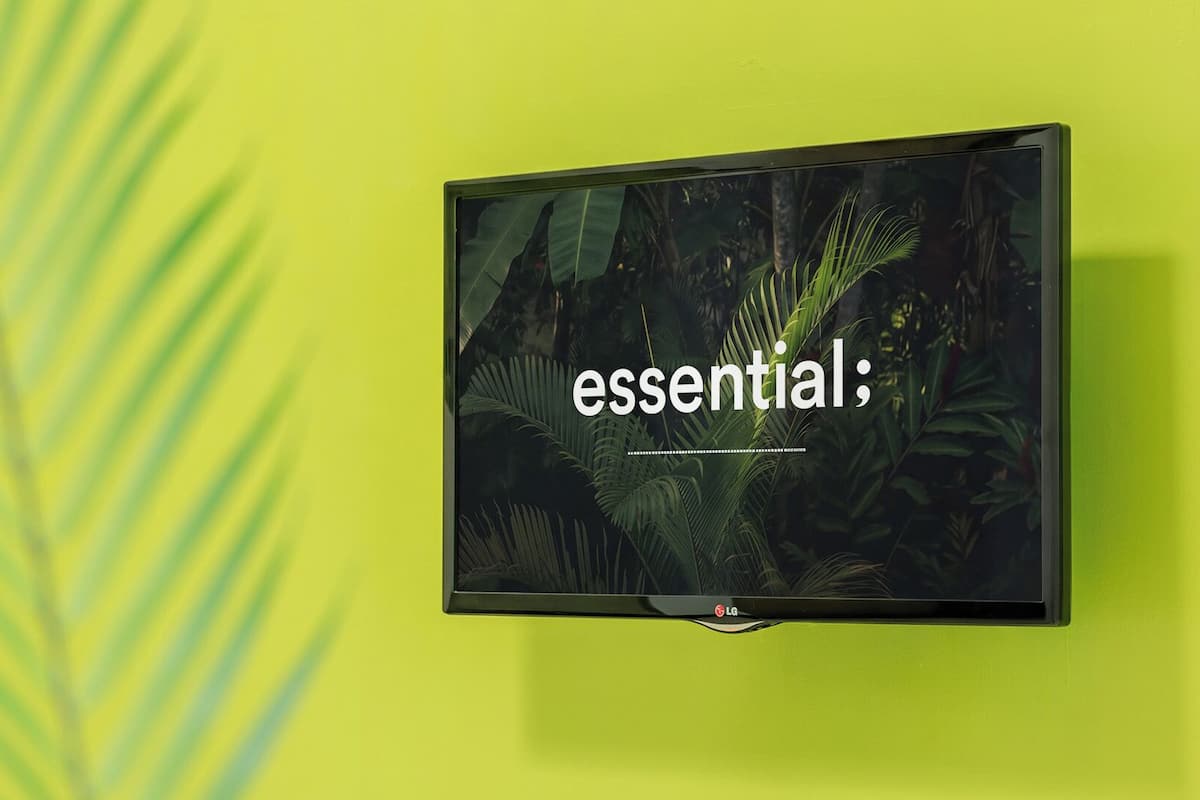 Un televisor de pantalla plana montado en una pared con fondo verde y una planta a la izquierda.