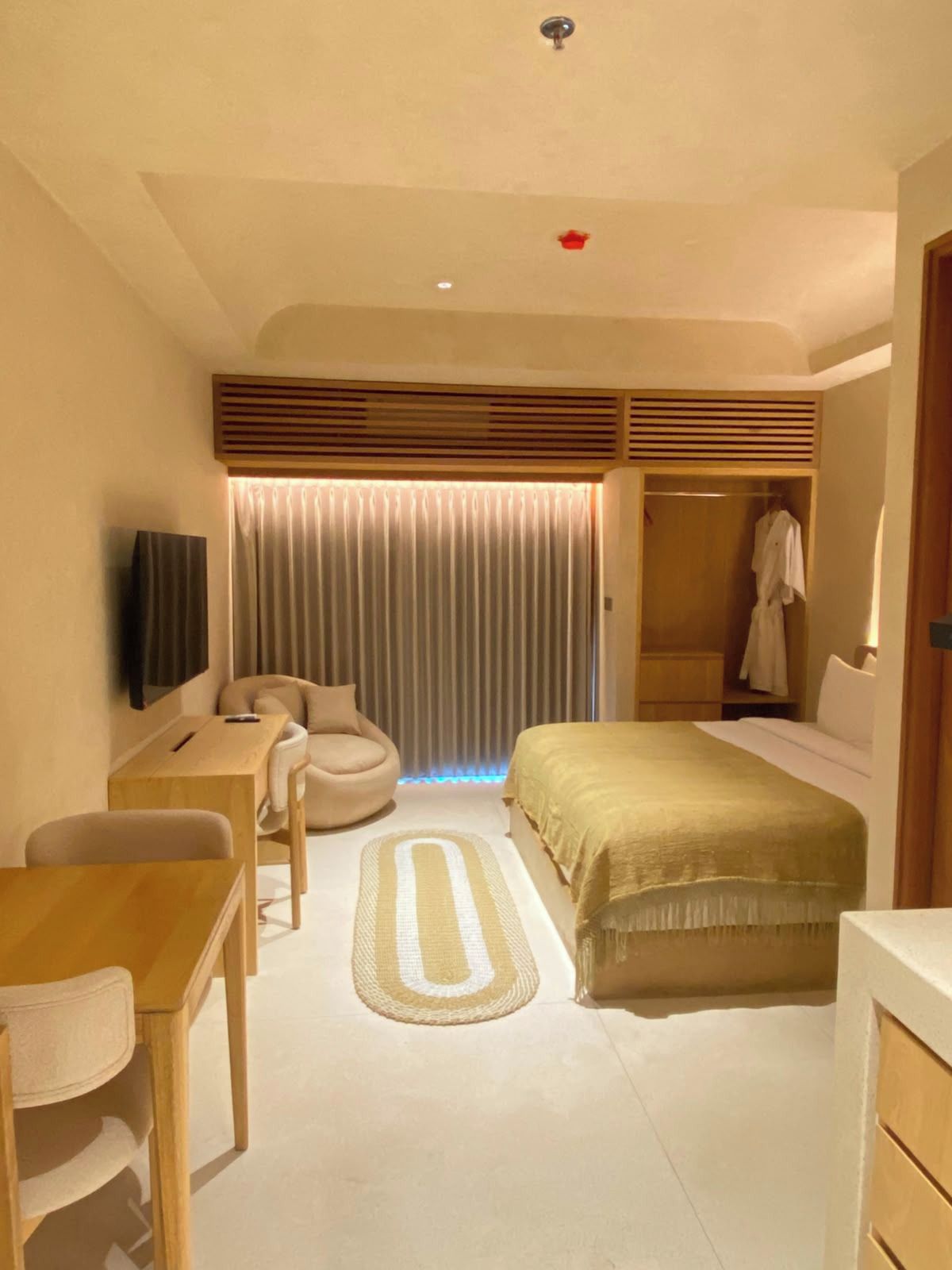 A hotel room with a bed, a desk, a chair, a TV, a wardrobe, and a bathroom with a shower and a towel rack.