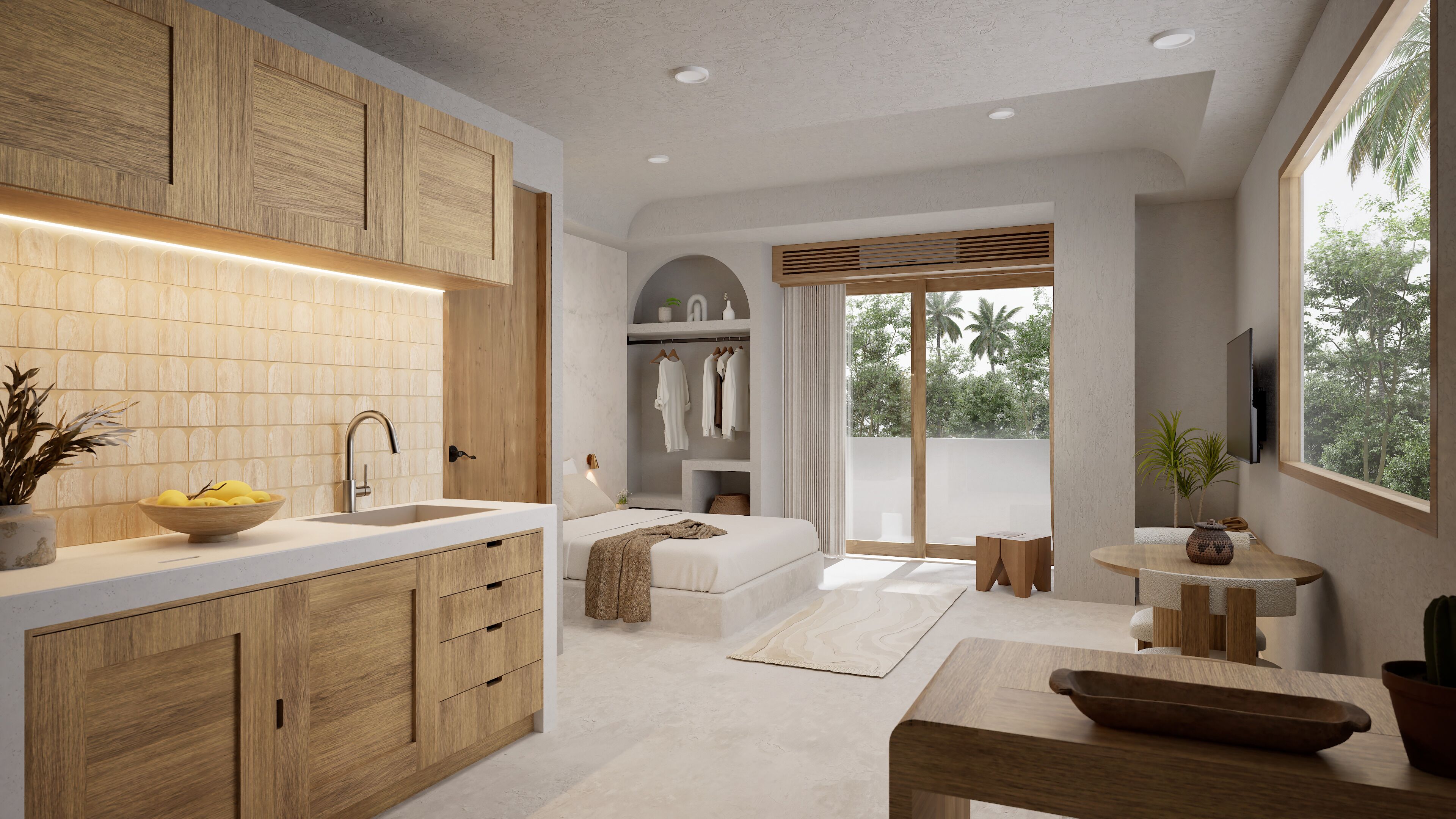 A modern kitchen with wooden cabinets, a large sink, and a dining area with a table and chairs.