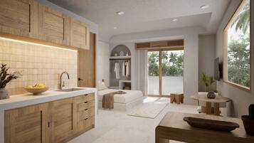 A modern kitchen with wooden cabinets, a large sink, and a dining area with a table and chairs.