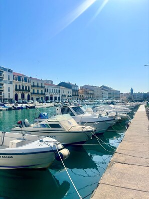 A marina with boats docked along a waterfront, surrounded by historic buildings. - L'écrin Sétois - T2 Air-conditioned - Walking distance to train station and center of Sète (Sète)