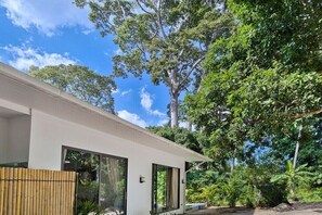 Ein modernes Haus mit großen Fenstern, einem Bambuszaun und üppiger Bepflanzung.