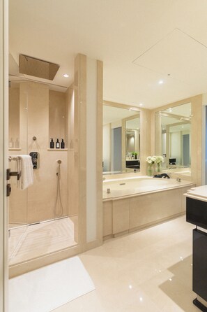 A modern bathroom with a walk-in shower, a large mirror, and a vanity with a sink. - Hotel Villa Florhof (Zürich)