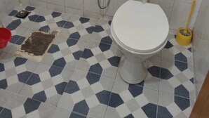 Un baño con inodoro, ducha y un trapeador.