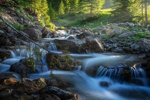 A natural outdoor setting with a flowing stream, rocks, and greenery. - Rössle Apartments Type 4 (Fontanella)