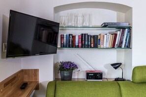 Un salon avec un téléviseur à écran plat, une bibliothÚque, une radio, une plante et un canapé vert.