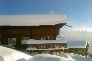 Eine Holzhütte mit verschneitem Dach und blauem Himmel.
