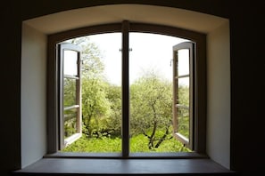 A room with a large arched window overlooking a lush green garden. - Luisenfeld in the Lexow Manor House (Lexow)