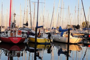Ein Yachthafen mit mehreren Schiffen, von denen einige Namen und Logos tragen.