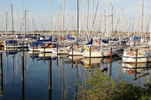 Ein Yachthafen mit mehreren vertäuten Booten, ruhigem Wasser und blauem Himmel.