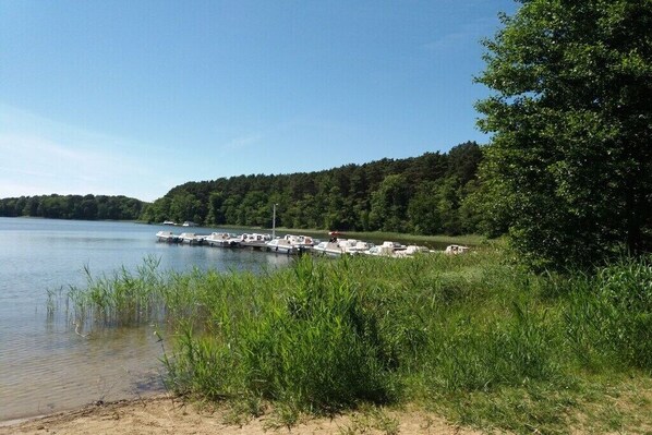 Ein Seeufer mit vertäuten Booten, umgeben von dichtem Grün und blauem Himmel.