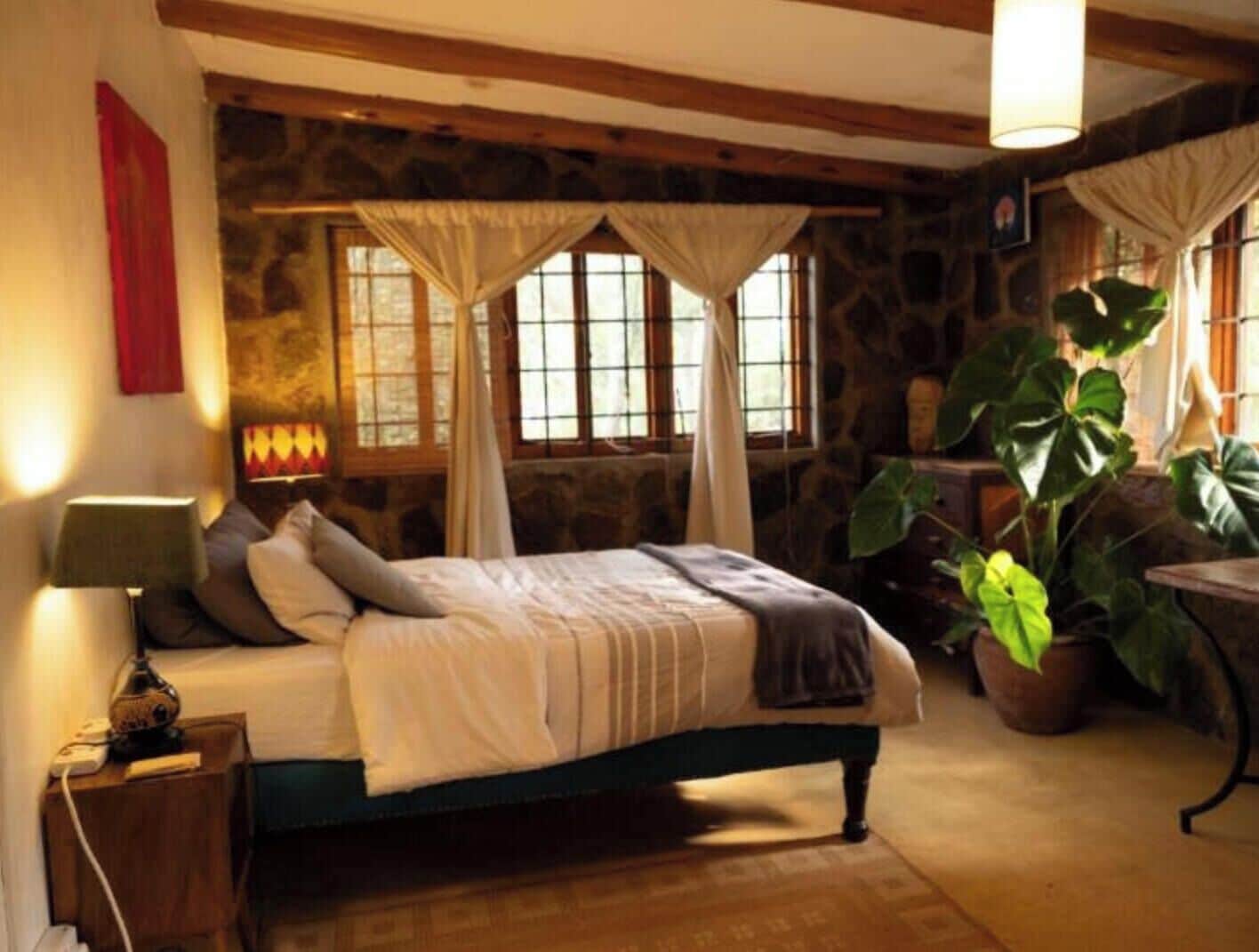 A bedroom with a stone wall, a bed with a green headboard, a nightstand with a lamp, and a potted plant.