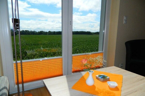 Ein Zimmer mit großem Fenster, einem Tisch mit Vase und Teller sowie einem Stuhl.