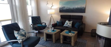 Smart TV, fireplace, DVD player, books