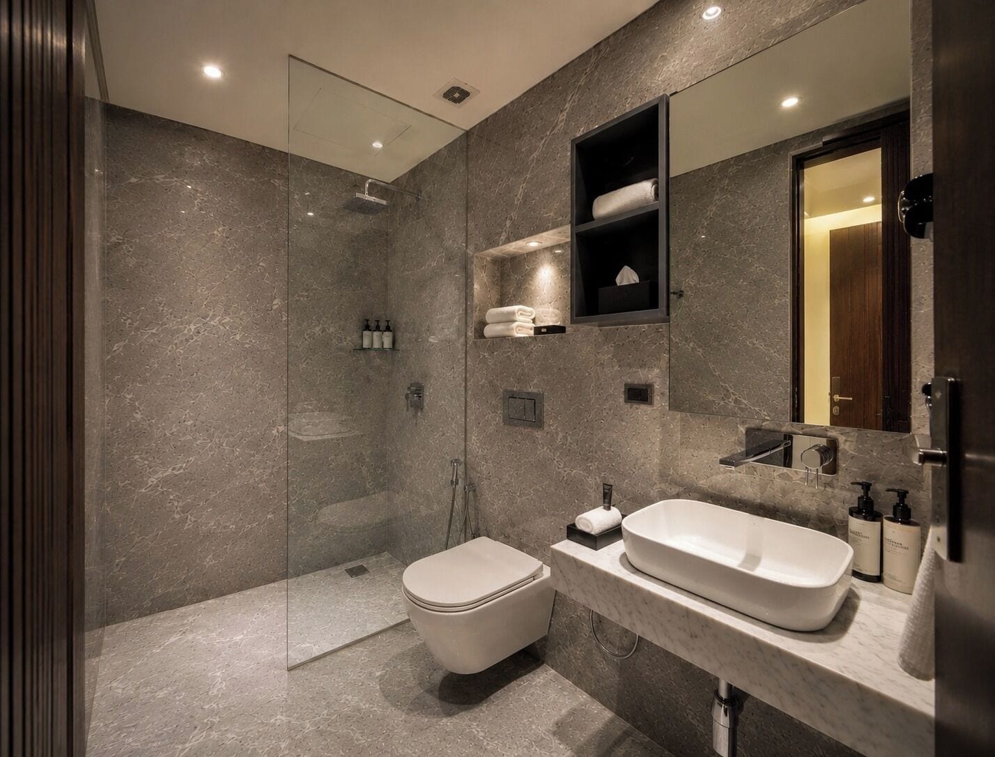 Shower, slippers, towels, soap